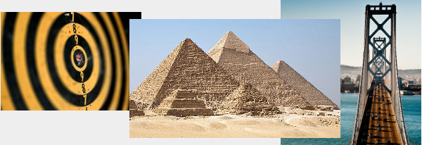 Similar shapes: an archery target, Egyptian pyramids, suspension bridge