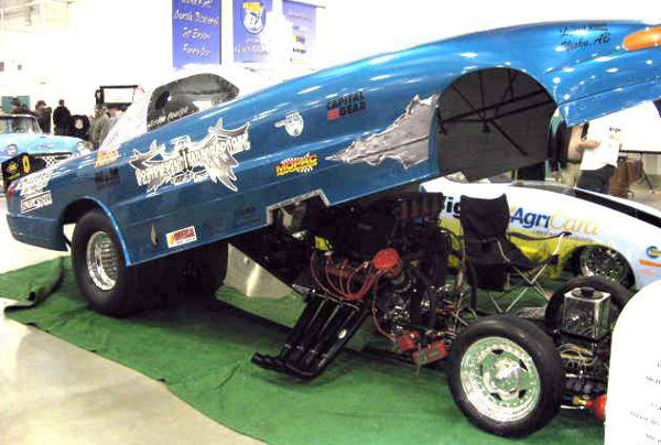 Drag car showing engine