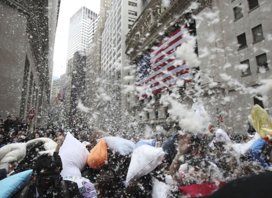 Pillow fight in the street